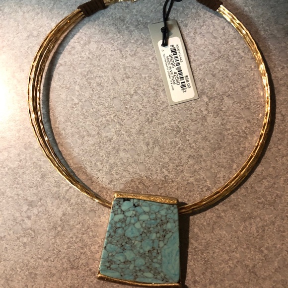 Robert Lee Morris Gold Tone Wire Collar Necklace Geometric Turquoise Pendant NWT - Picture 5 of 12